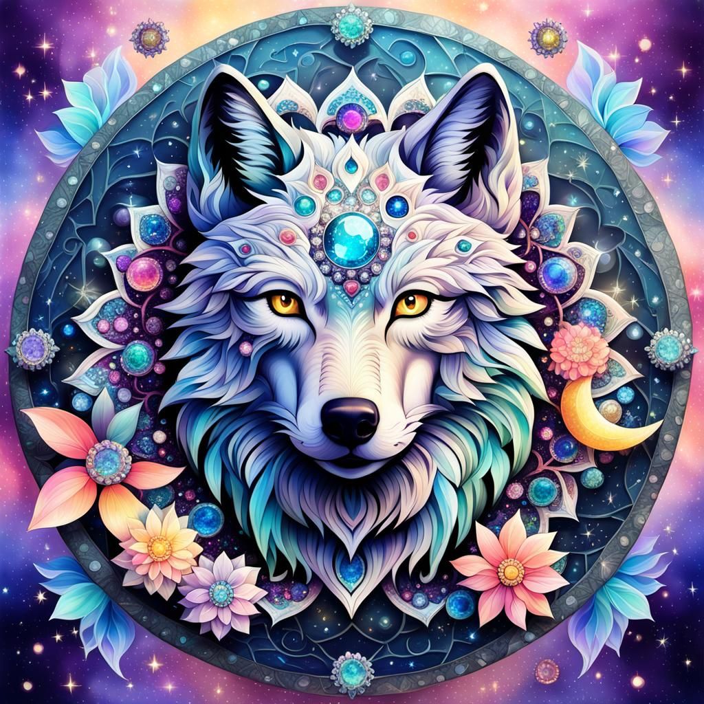 Wolf in Mystical Mandala Garden with Pastel Colors
