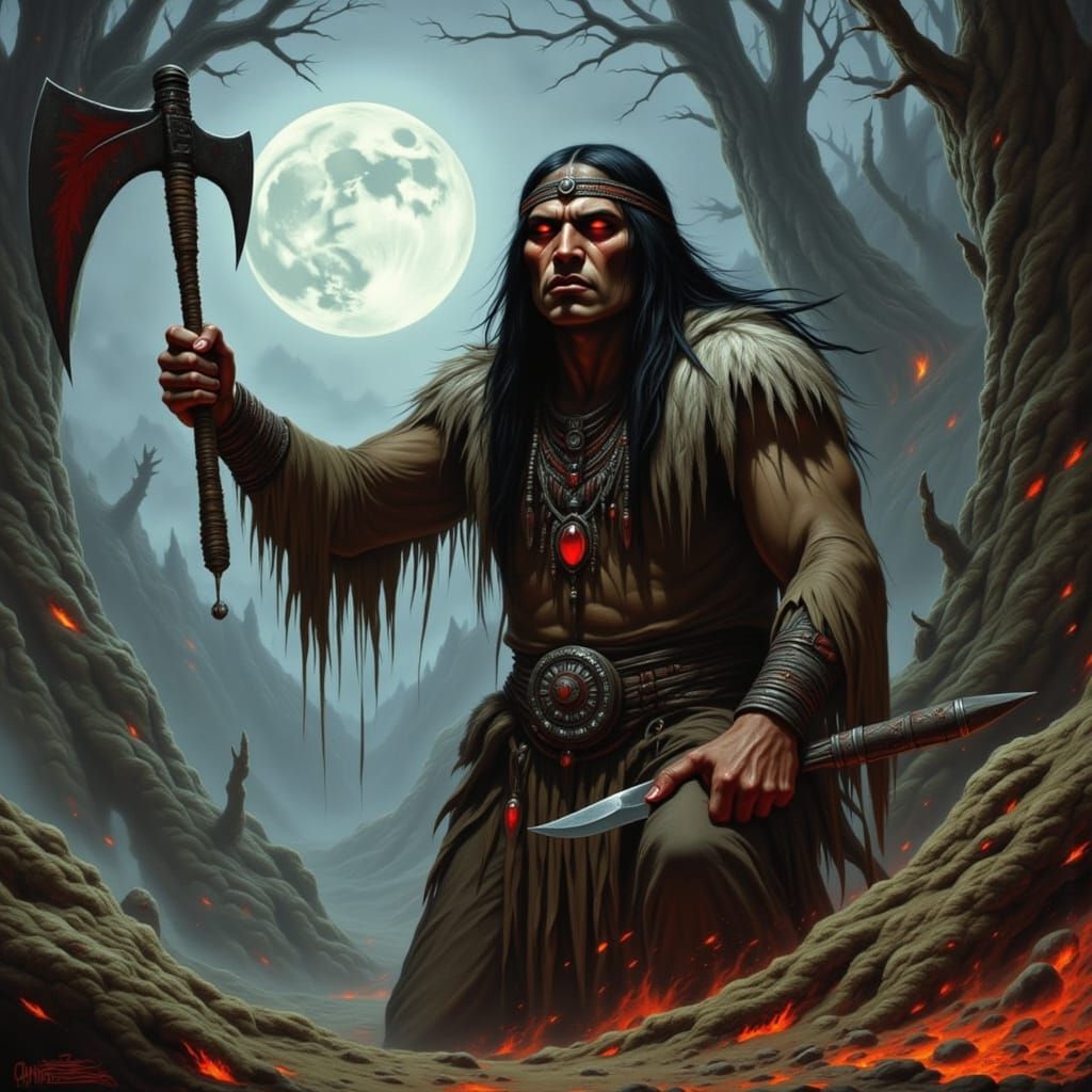 Native American Vampire Shaman Attacks with Stone Hatchet