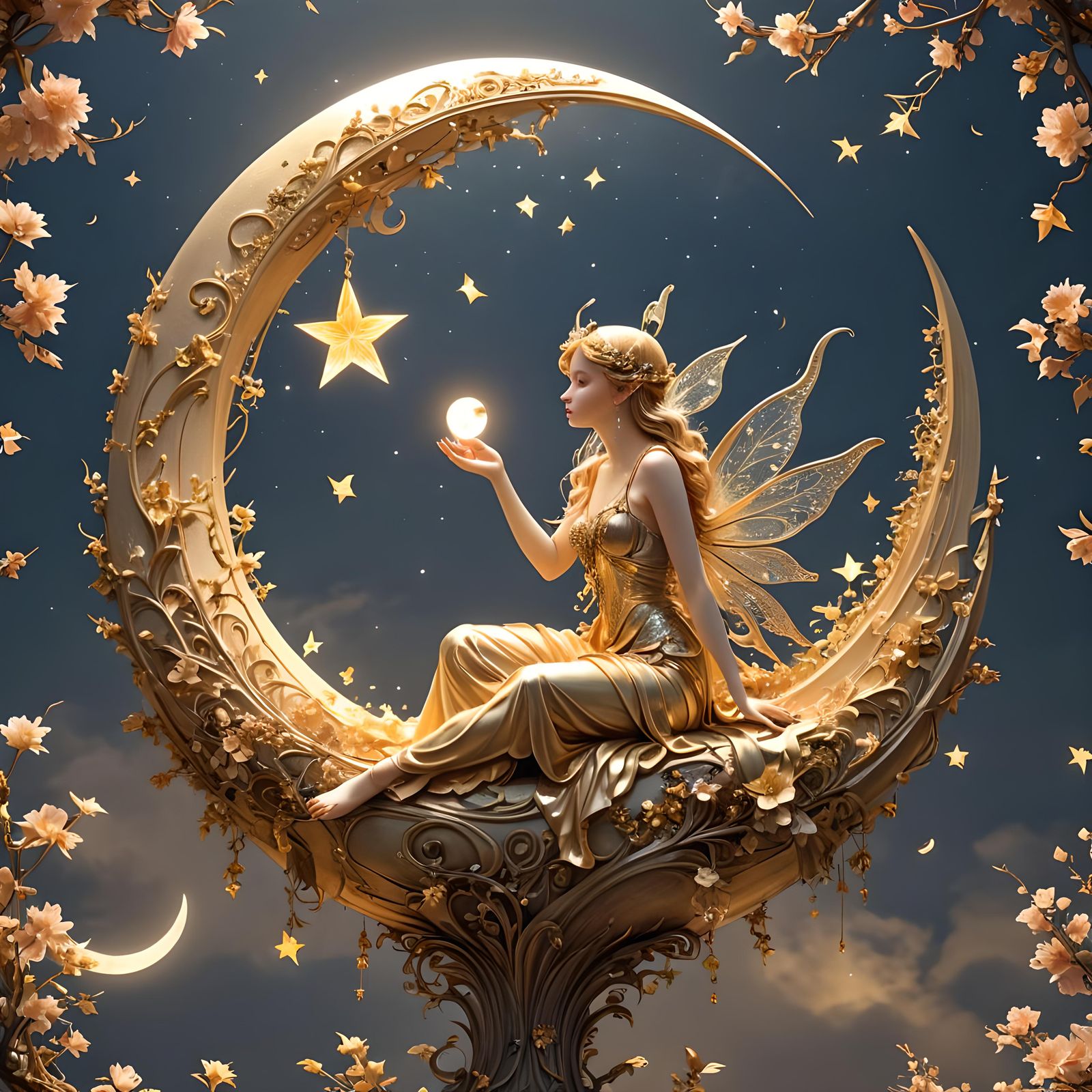 Radiant Fairy on Crescent Moon Digital Art