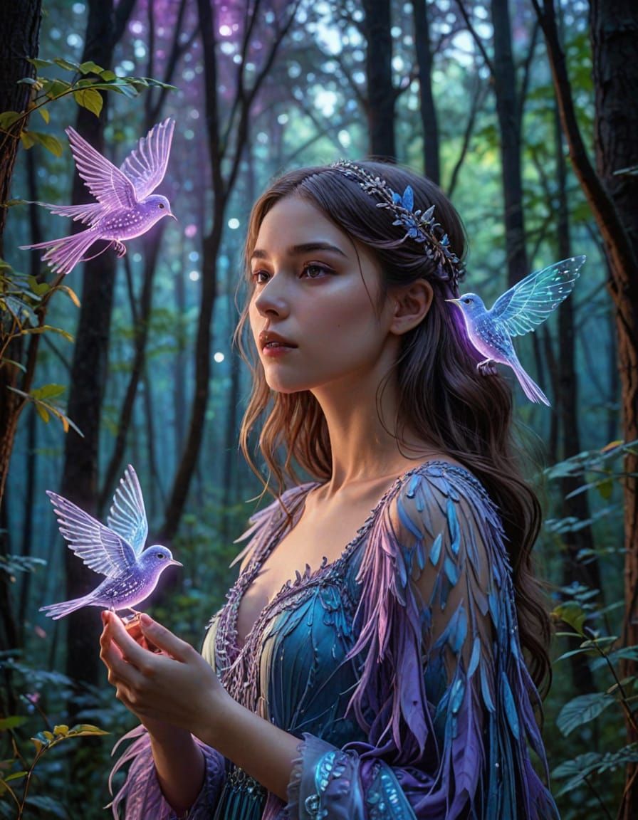 Dreamy Moonlit Fairy Forest in Impressionist Style with Neon...