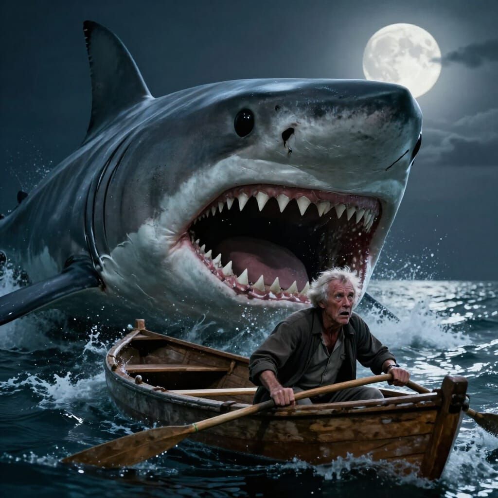 Megalodon Terrorizes Old Man in Moonlight