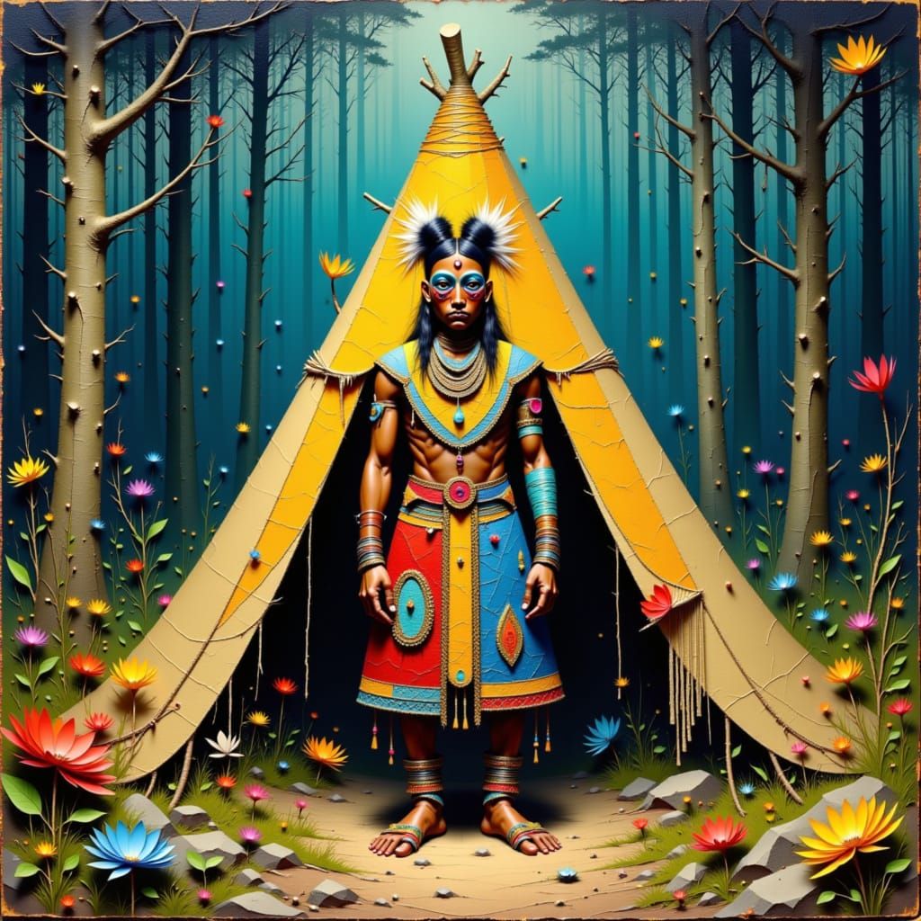 Anishinaabeg Leader and Shaking Tent in Woodland Art Style