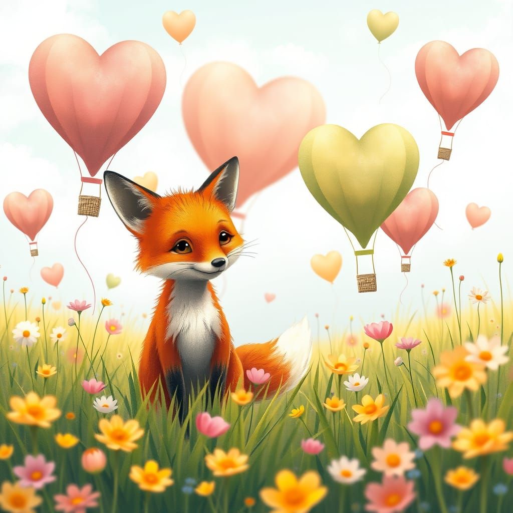 Fox and Heart Balloons in Whimsical Style