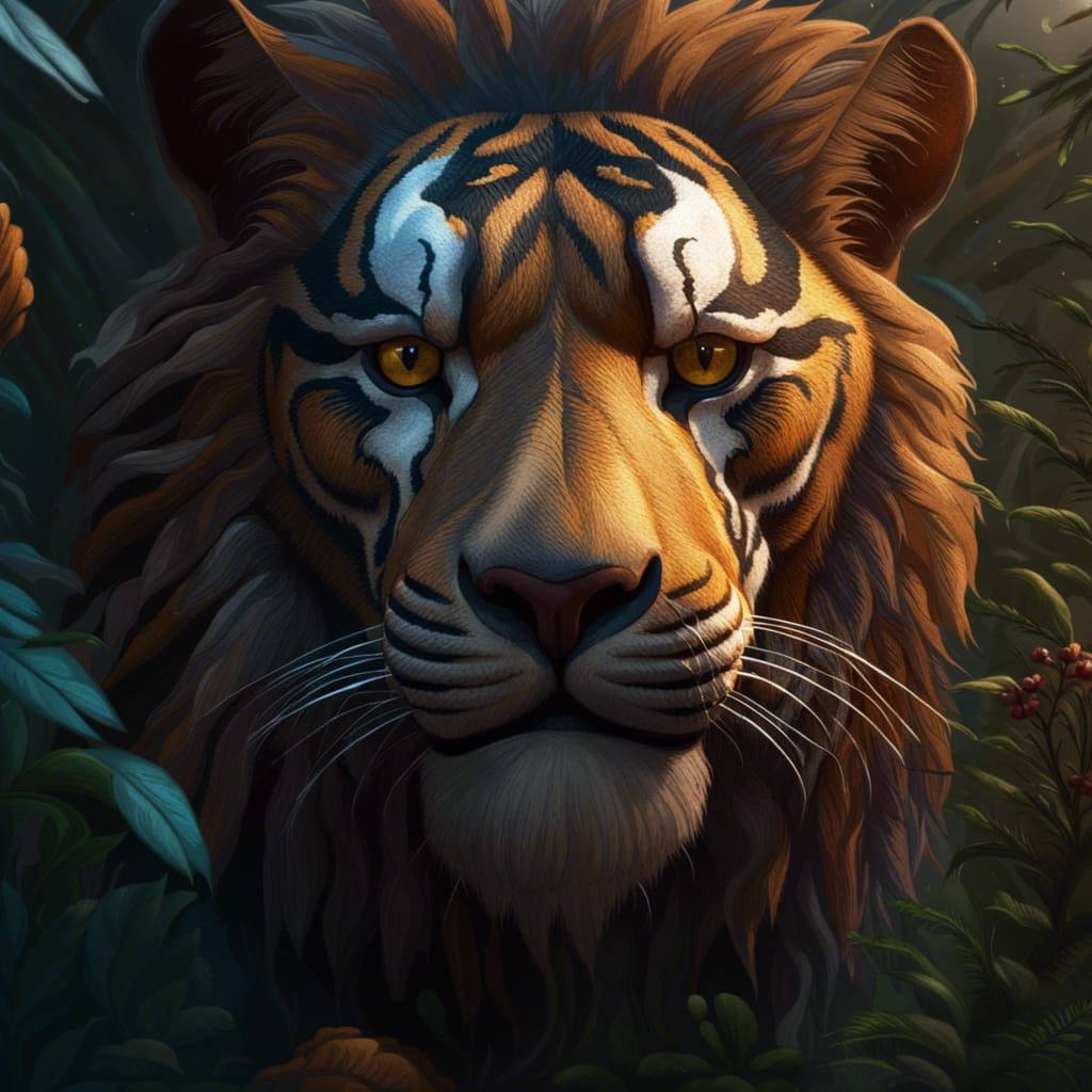 Detailed Matte Painting of a Lion and Tiger
