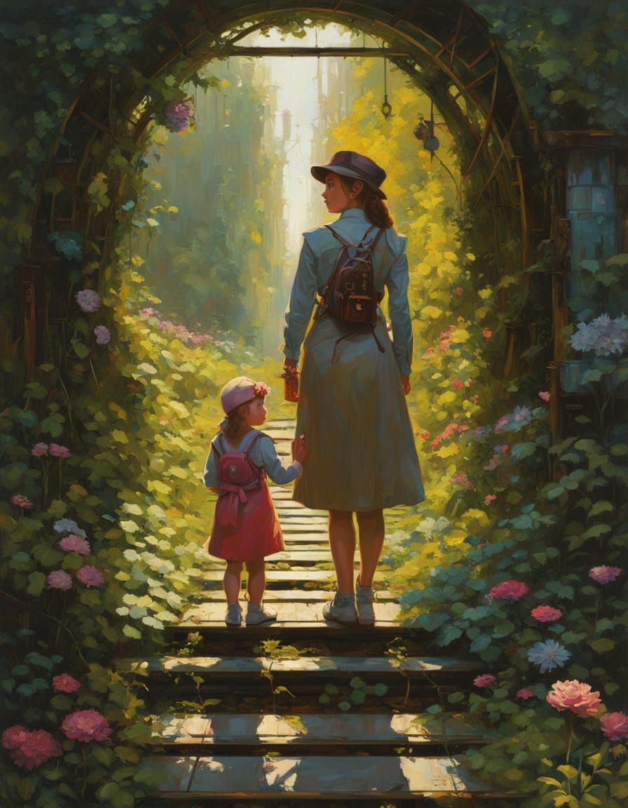 Mother and Daughter at Abandoned Railway Bridge in Cyberpunk...