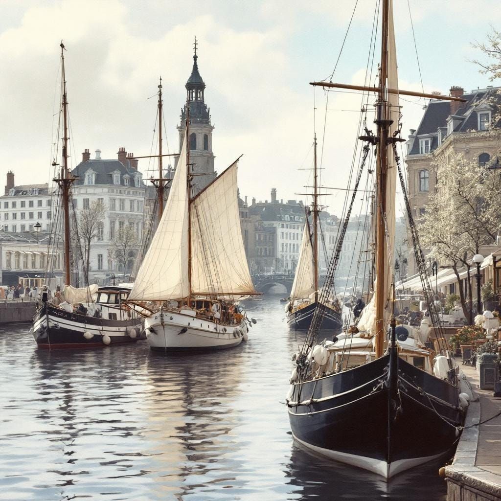 Picturesque 19th Century Harbour Scene in Classical Style