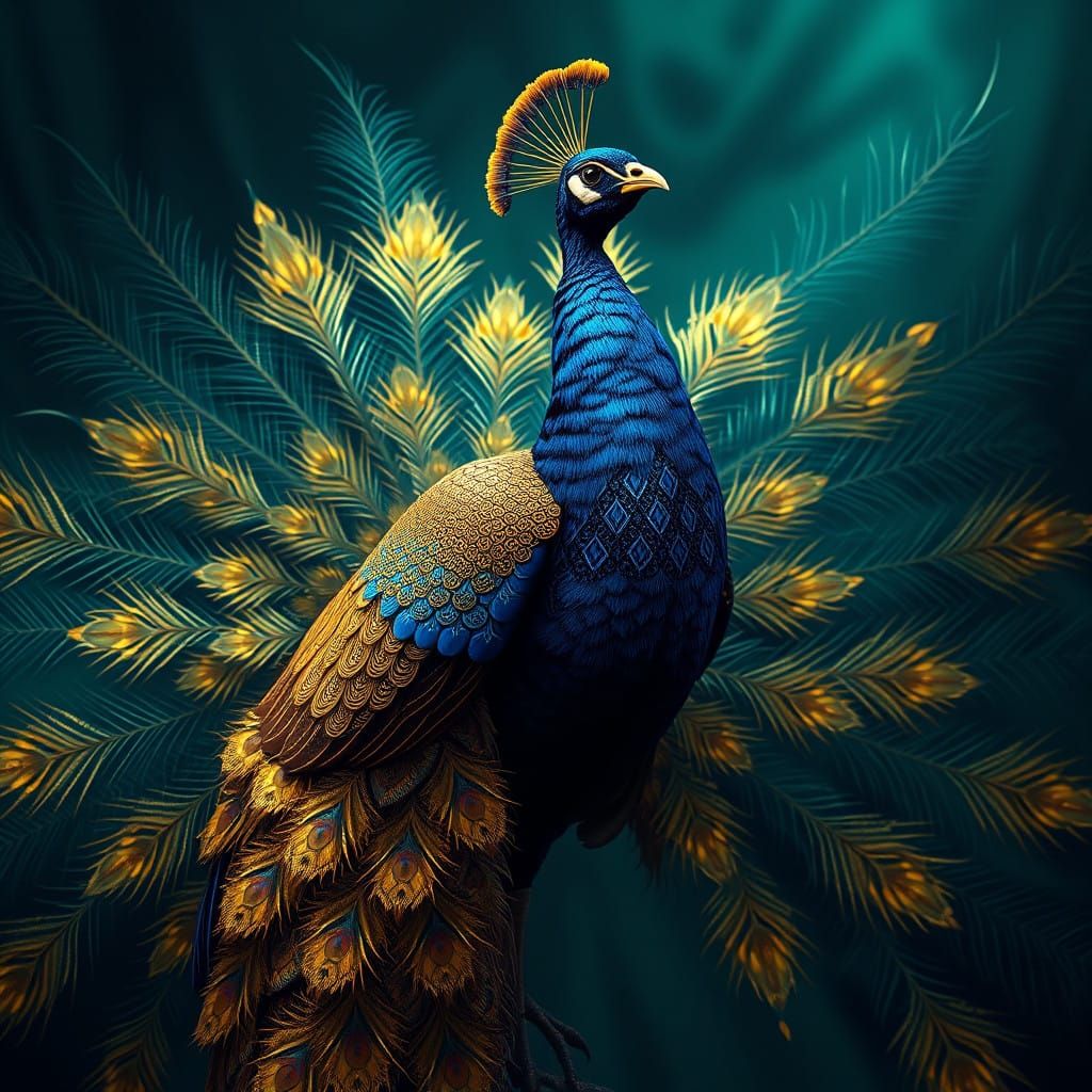 Regal Onyx Peacock with Vibrant Gold Feathers
