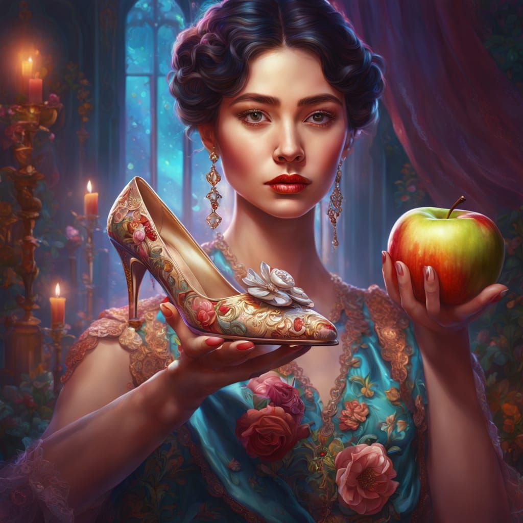 Hyperrealistic Woman with Glass Slipper and Apple