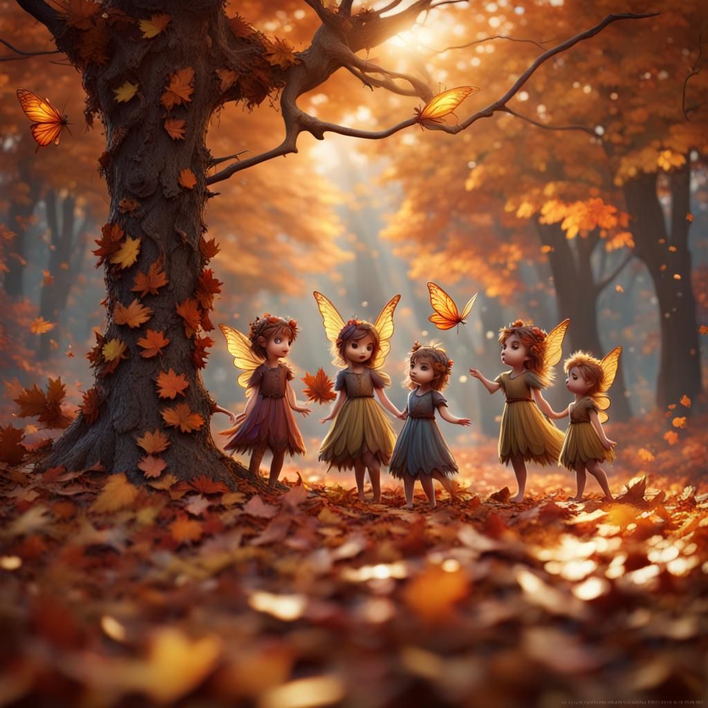Fairies Playing in Fall Leaves: Fantasy Concept Art