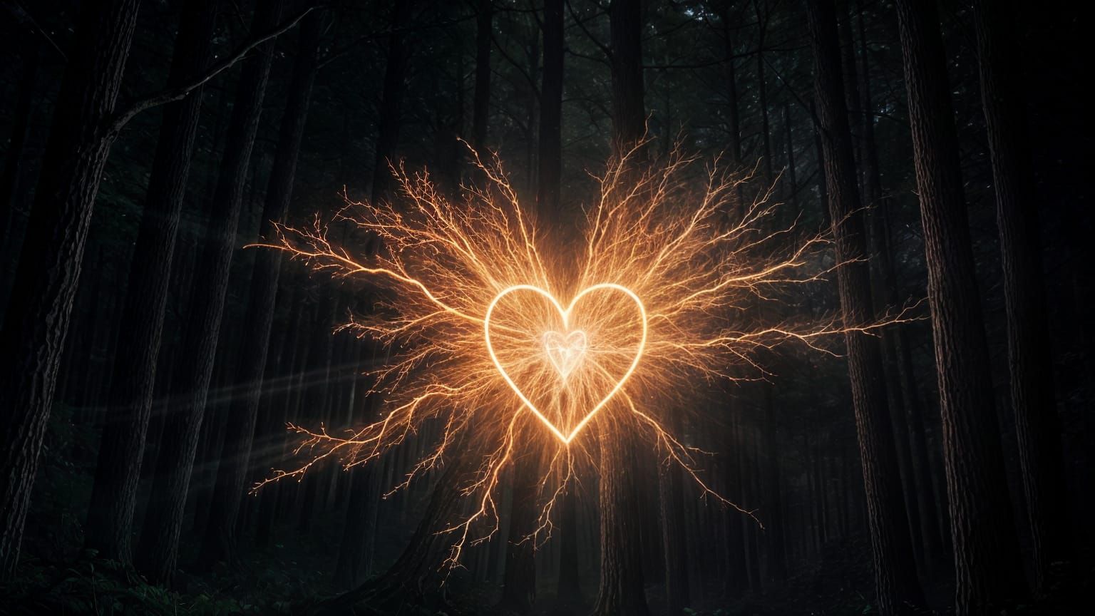 Magical Heart Radiating Light in Dark Fantasy Forest