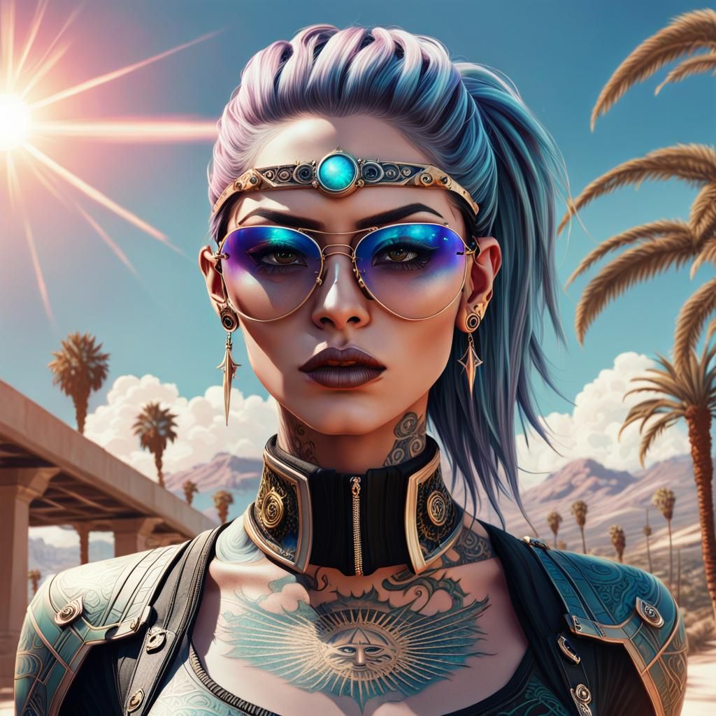 Gothic Woman with Tattoos in Surreal Landscape