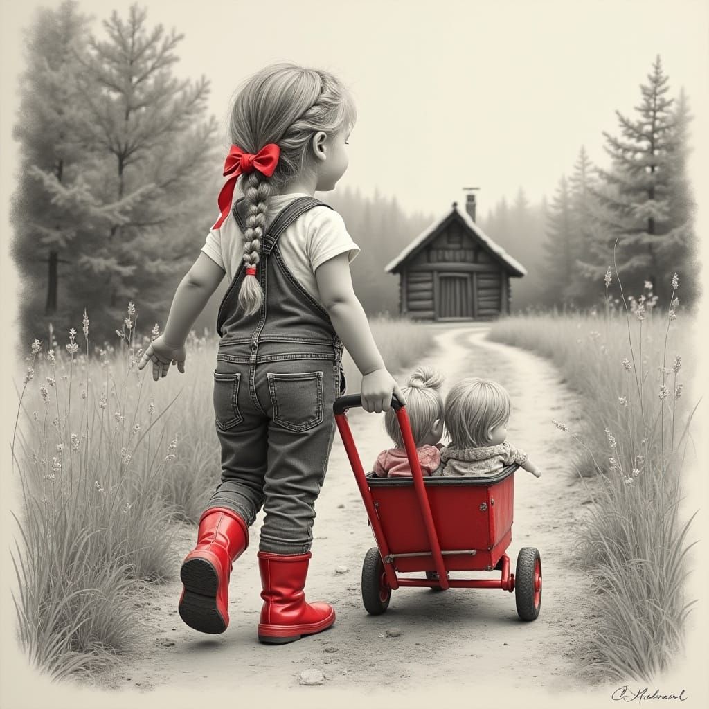Little Girl in Bright Red Boots Drags Trolley Along Dirt Tra...