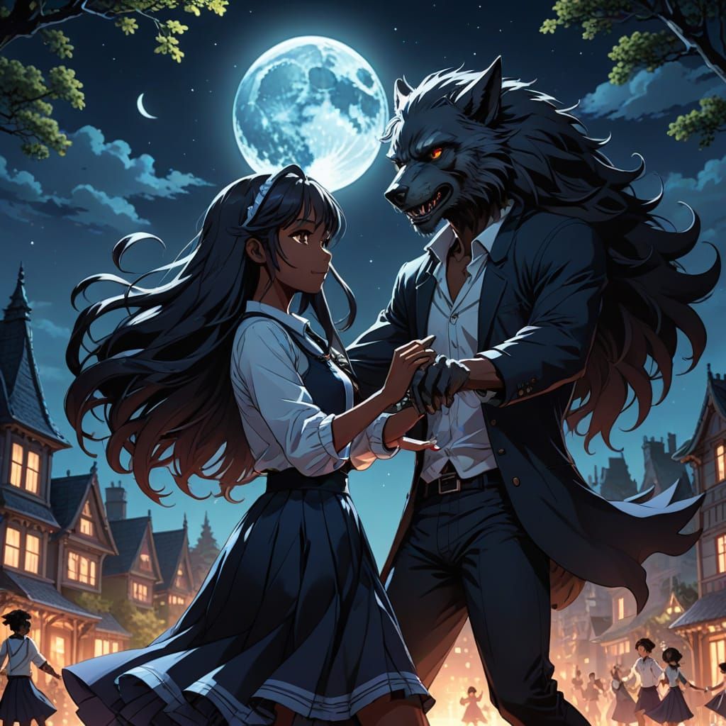 Anime School Girl Dancing with Werewolf Prince