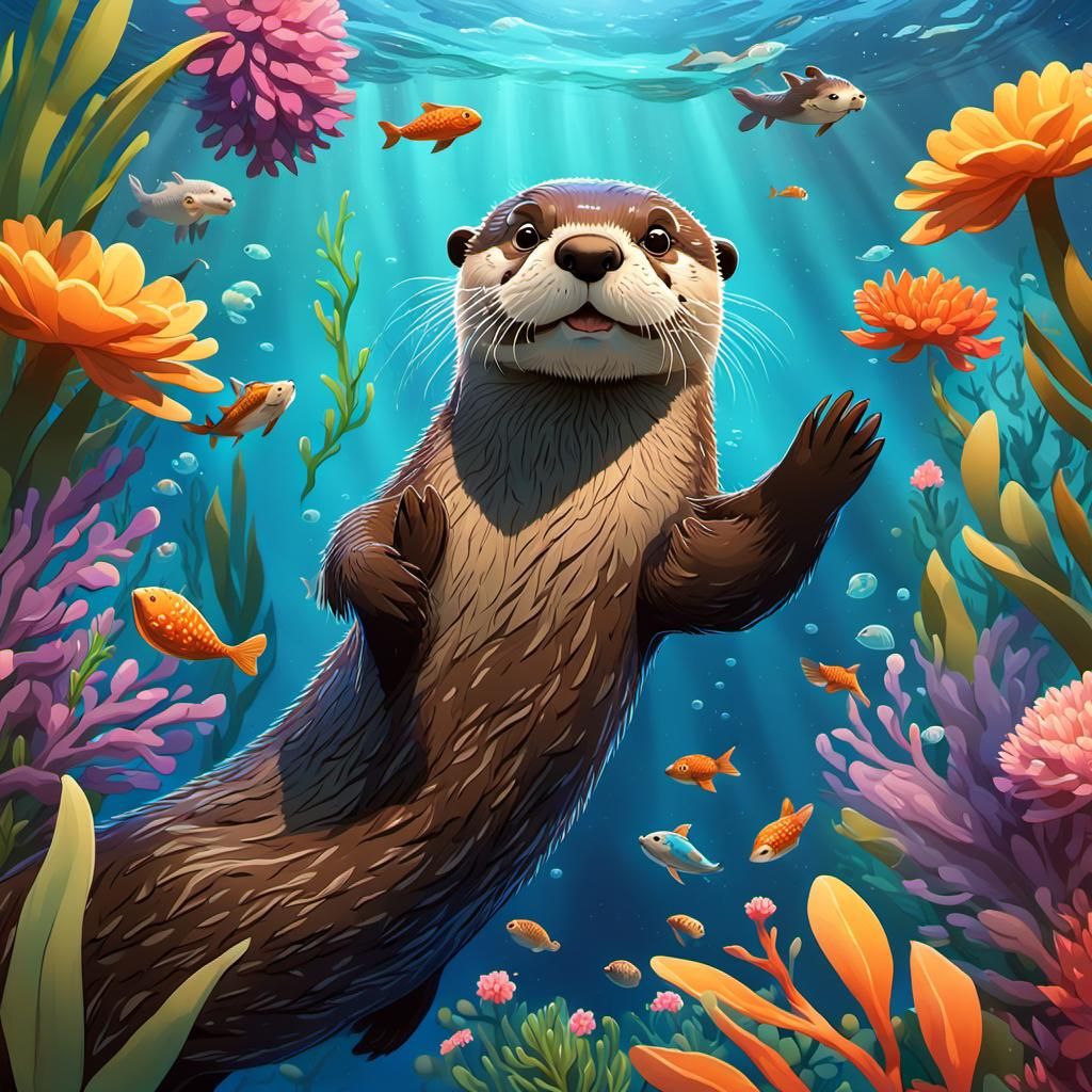 Playful Otter in Underwater Paradise: 3D Digital Art