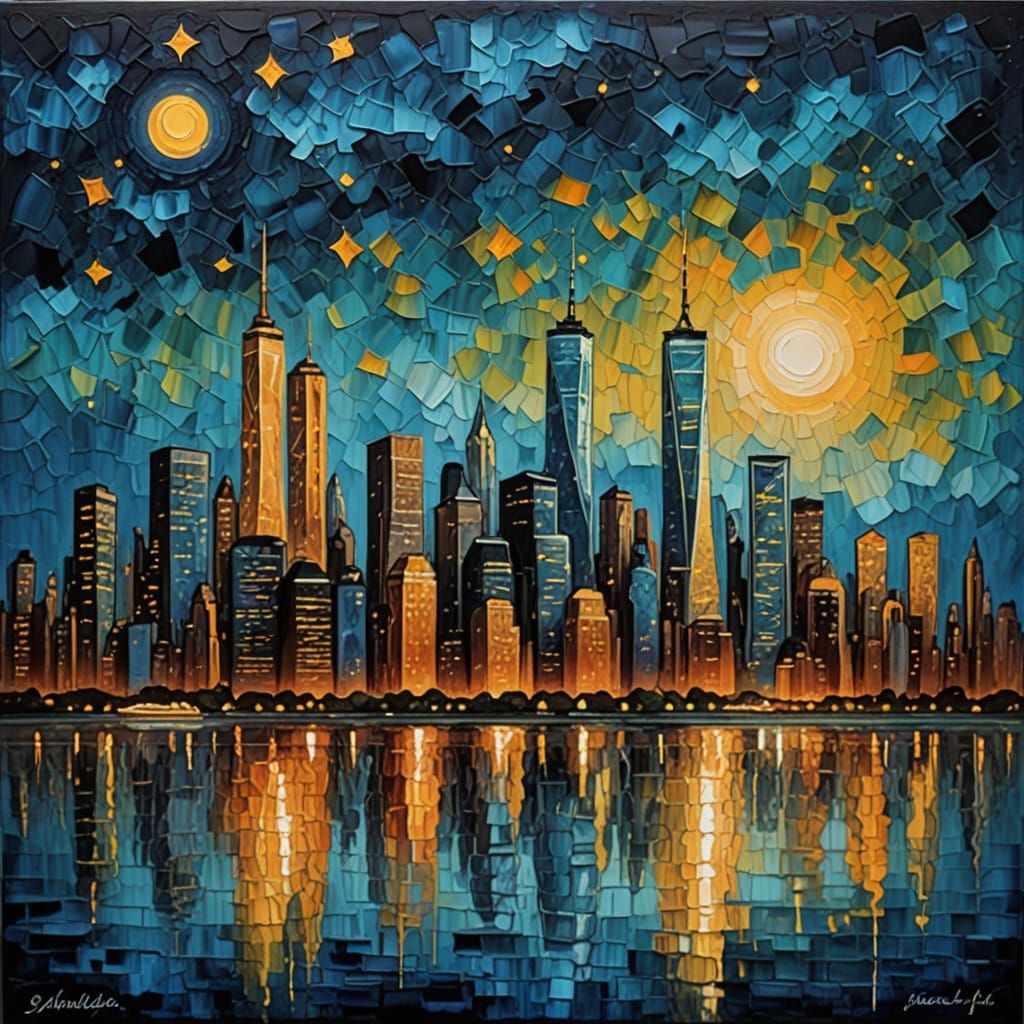 Impasto Manhattan Nightsky Reflections in Textured Acrylic