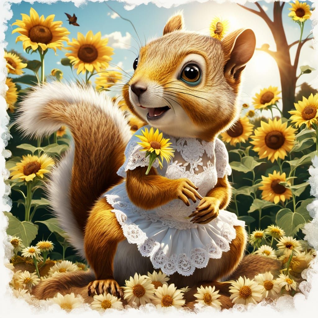 Squirrel in Sunflower Field: Anime Surrealism
