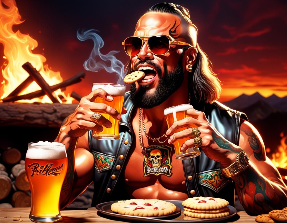 Macho Man Enjoys Beer and Cookie in Digital Art
