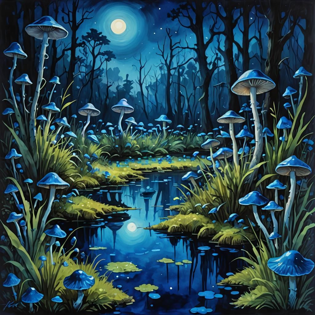Bioluminescent Blue Swamp in Gouache Watercolor Style