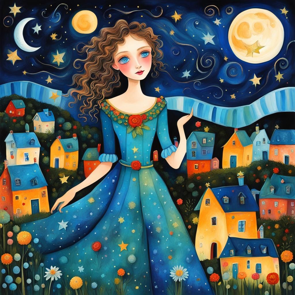 Whimsical Blue-Eyed Woman in Naive Art Style