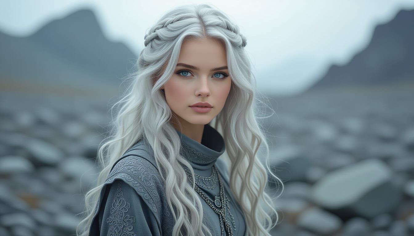 Ethereal Gray Woman in Rocky Landscape