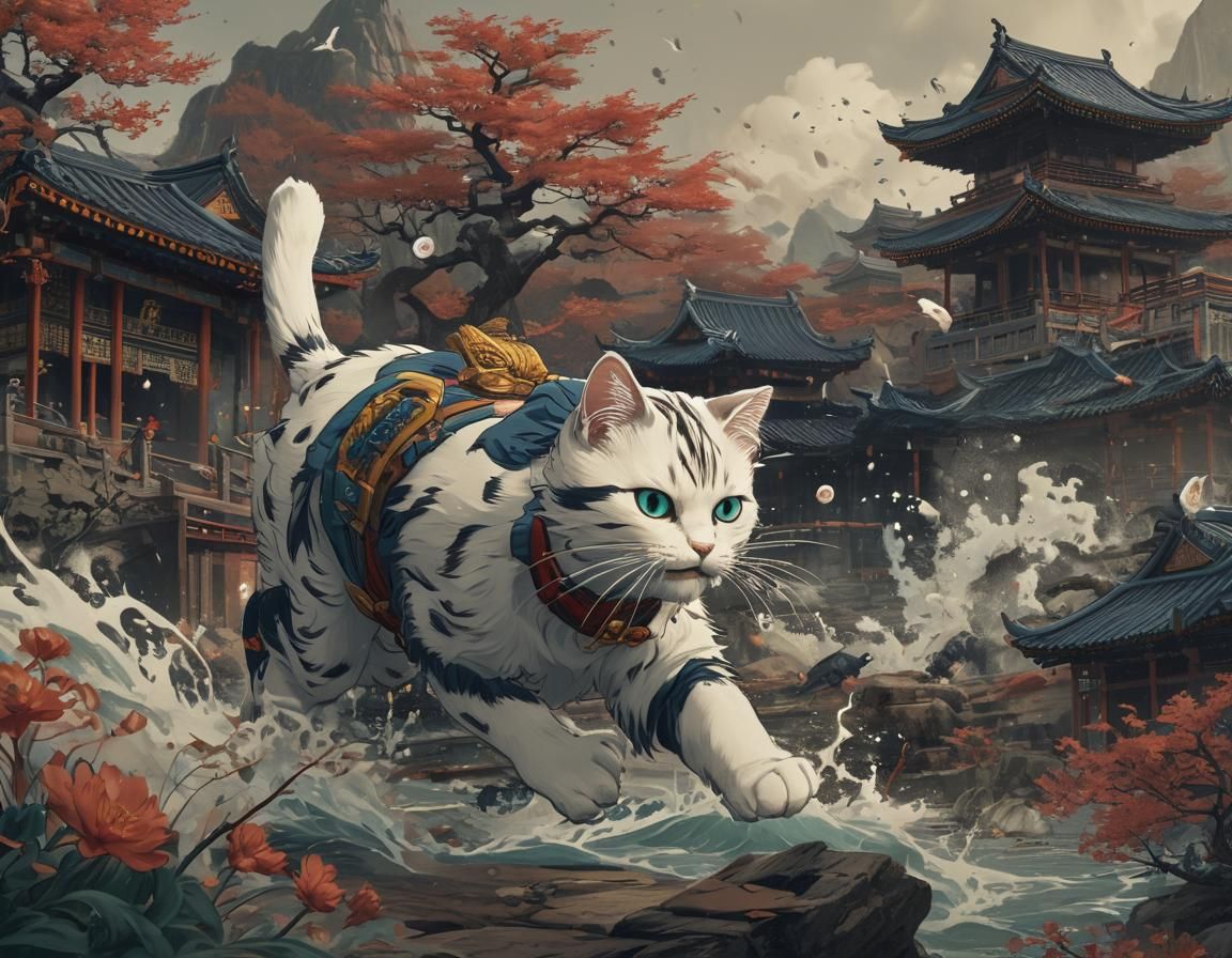 Ukiyo-e Cat Attack Fantasy Concept Art