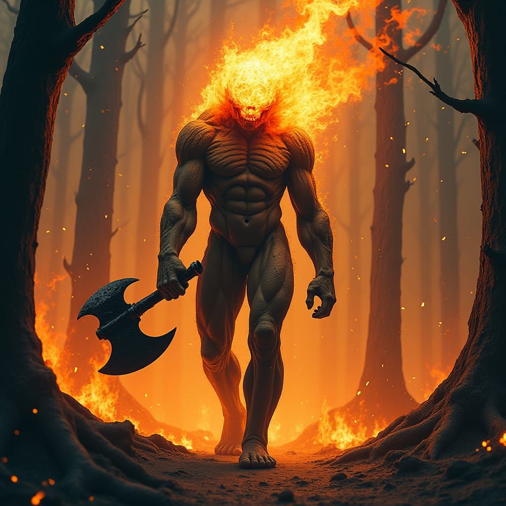Inferno Elemental in Burning Forest, Dark Surrealism