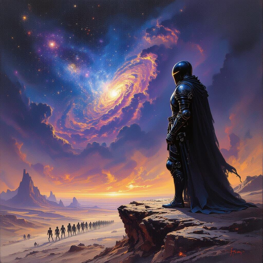 Obsidian Knight Overlooking Cosmic Vista