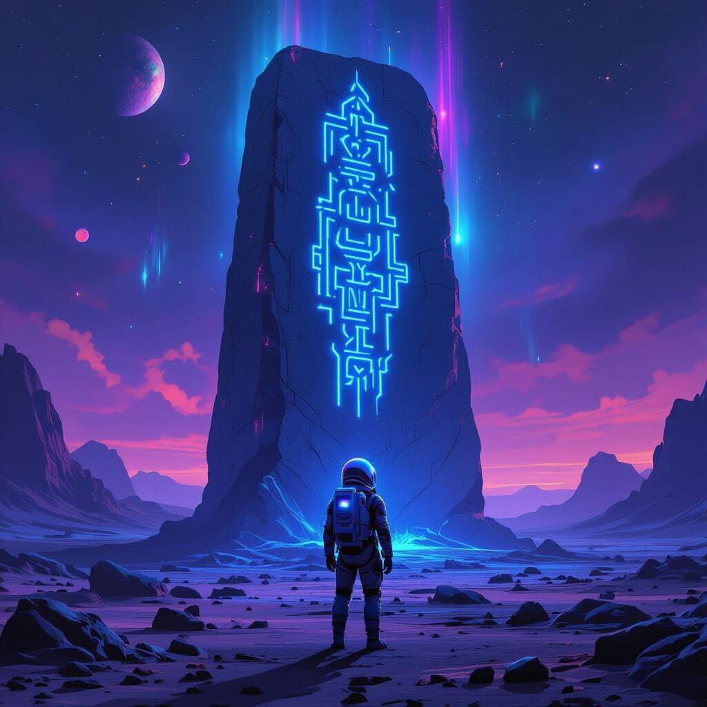 Astronaut and Ancient Monolith on Alien Planet
