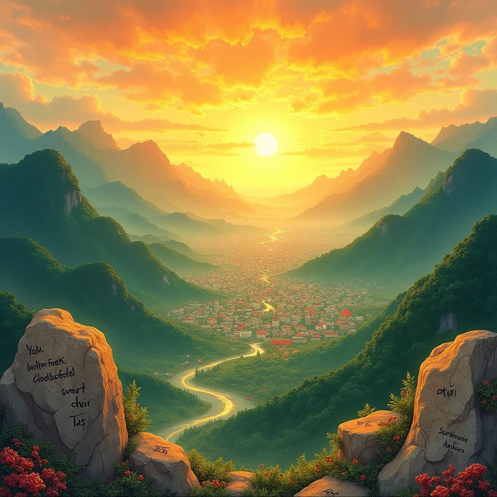 Sunrise Over Cityscape in Whimsical Style