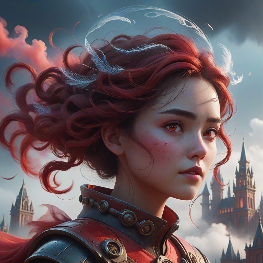 Surreal Red Air Elemental in Whimsical Cloud Cityscape