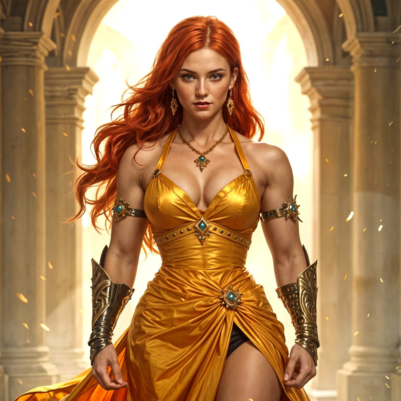 Badass Red-Haired Goddess in Modest Golden Dress