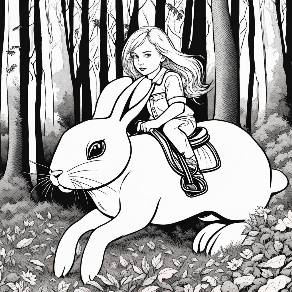 Girl Rides Giant Rabbit Through Woods: Line Art