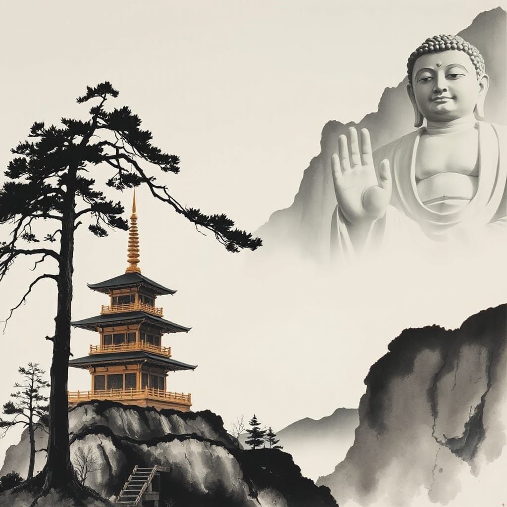 Sumi-e Pagoda and Buddha Statue with Misty Atmosphere