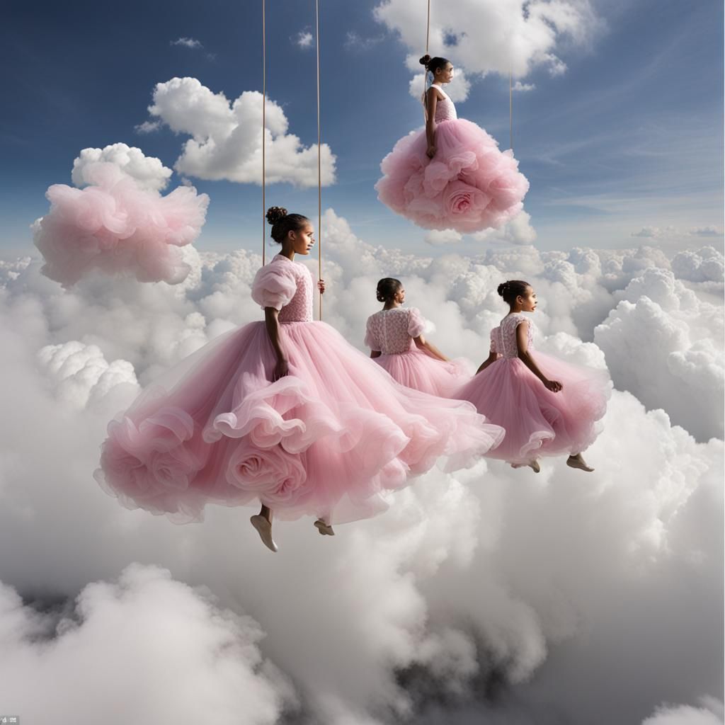 Dreamlike Celestial Scene with Women on Cloud Swings
