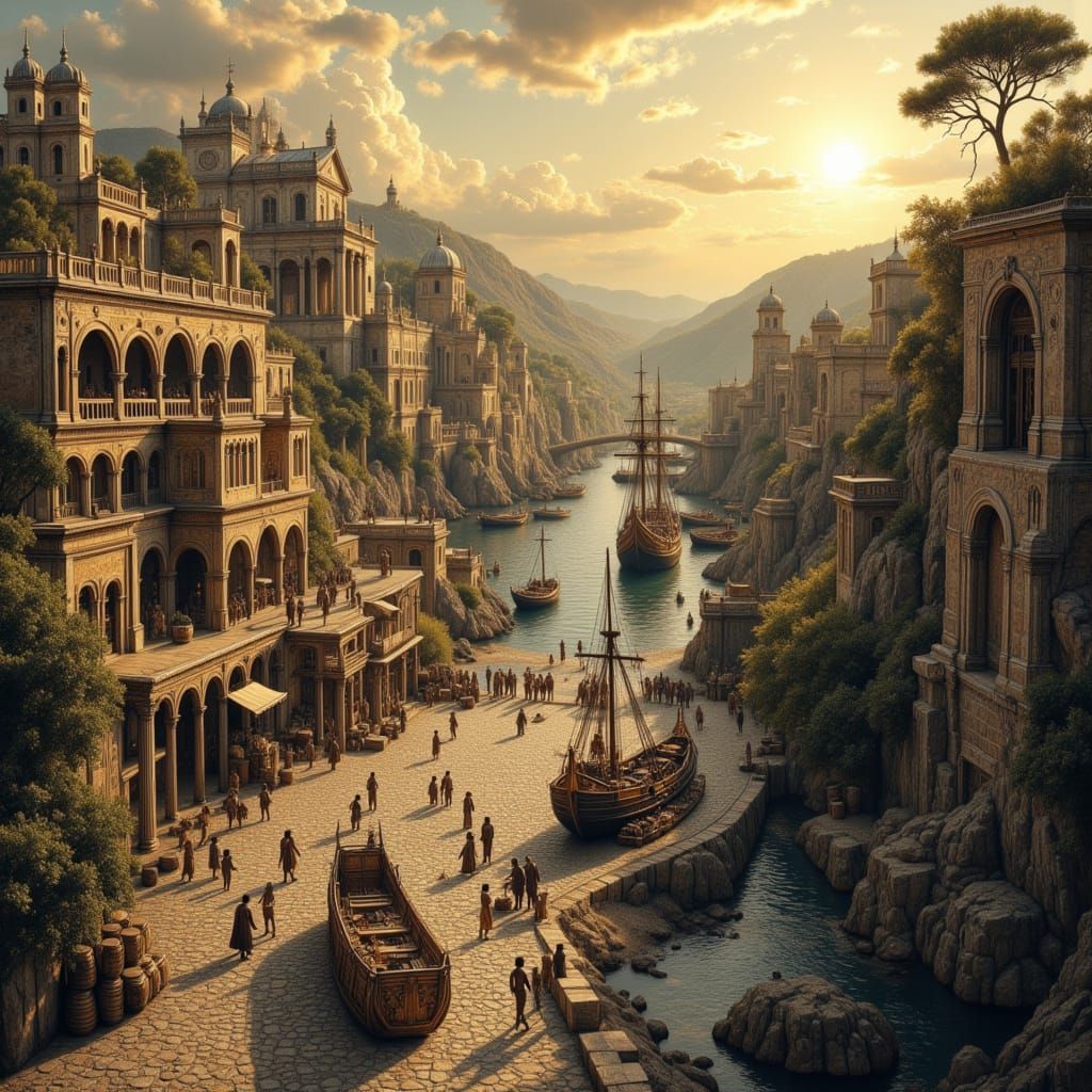 Ancient Harbor at Sunrise in Ultra-Realistic Style