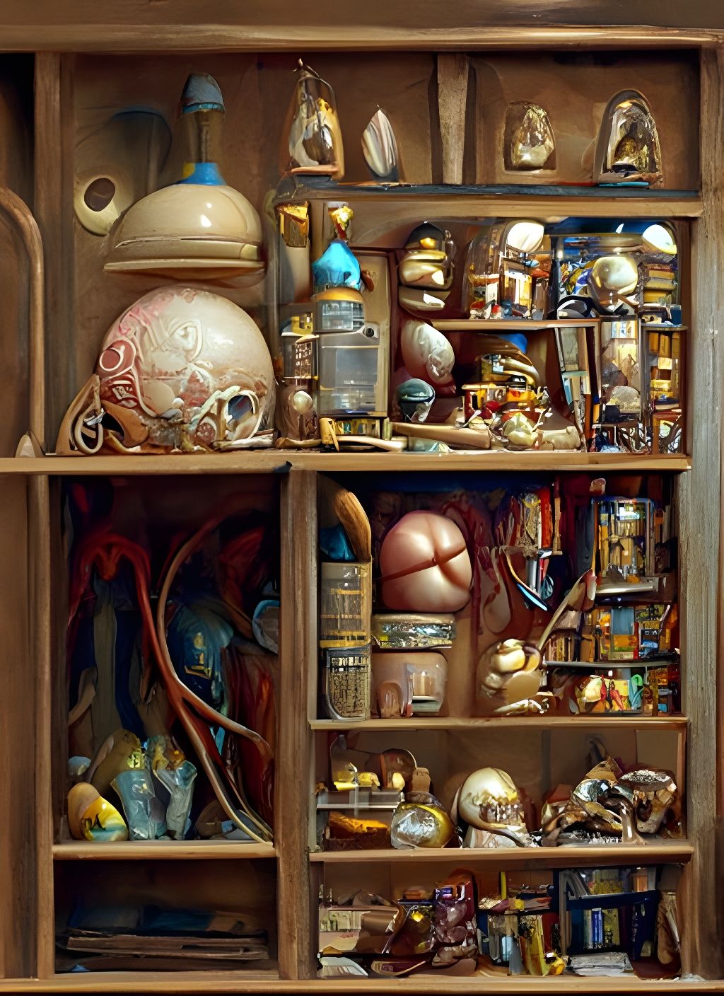 Detailed Cabinet of Curiosities: Cel-Shaded Digital Art