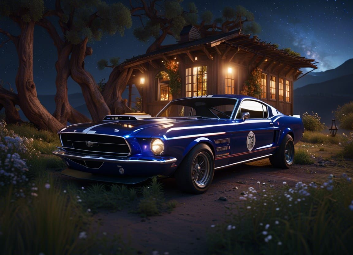 Zebra Mustang Under Starry Skies: Photorealistic Render