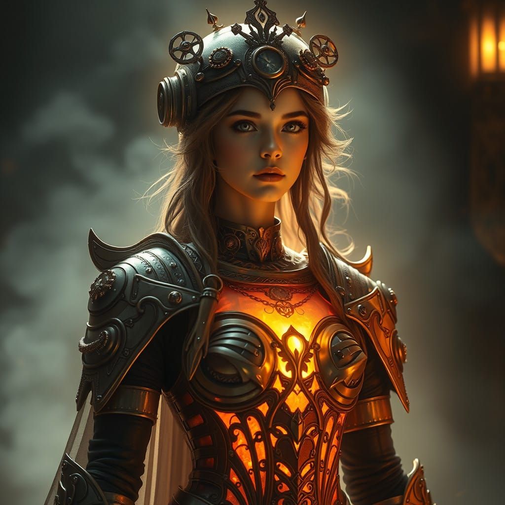 Ethereal Steampunk Princess in Golden Armor Radiates Inner L...