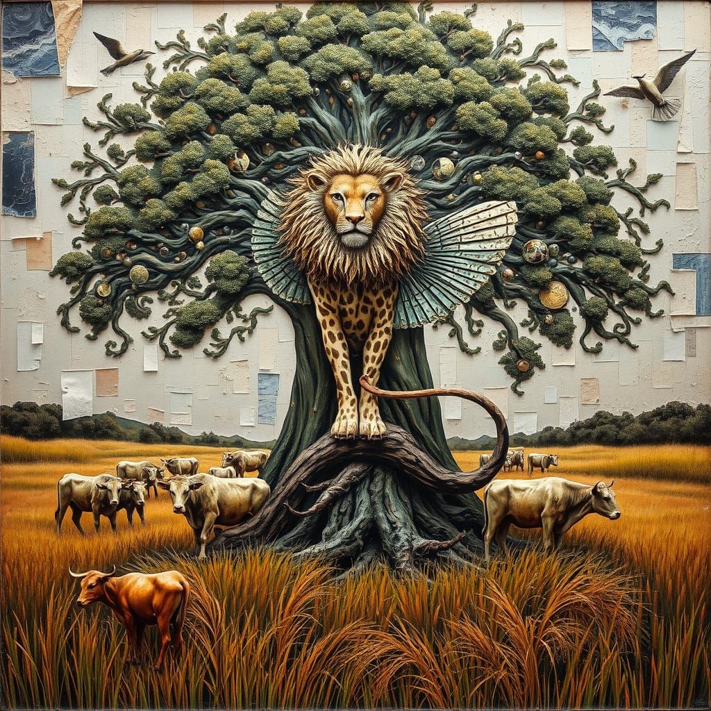 Surreal Steampunk Landscape with Grazing Cows and Mythical C...