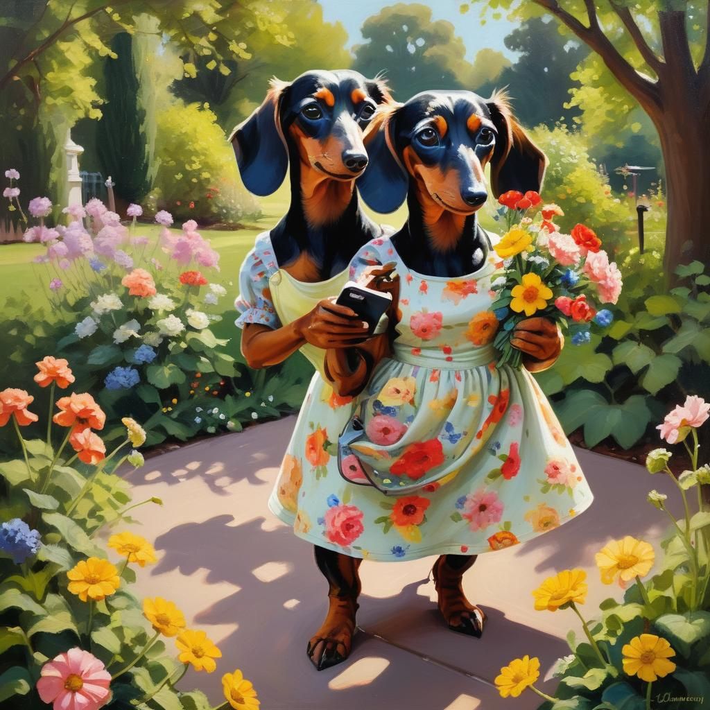 Dachshund in Garden: Whimsical Realist Oil Painting