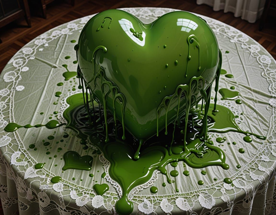 Grotesque Slime Heart Oozing on Lace Tablecloth