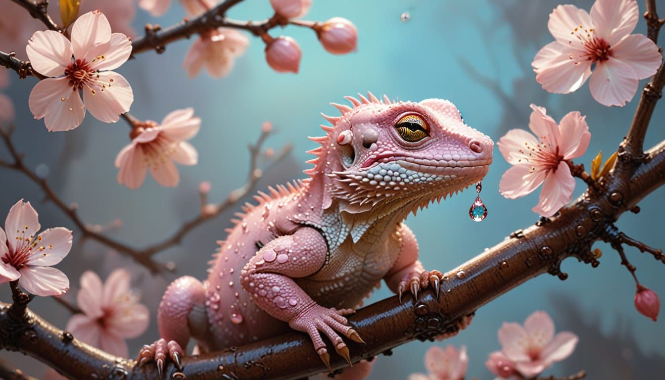 Lizard, Puppy, and Water Droplet on Cherry Blossom