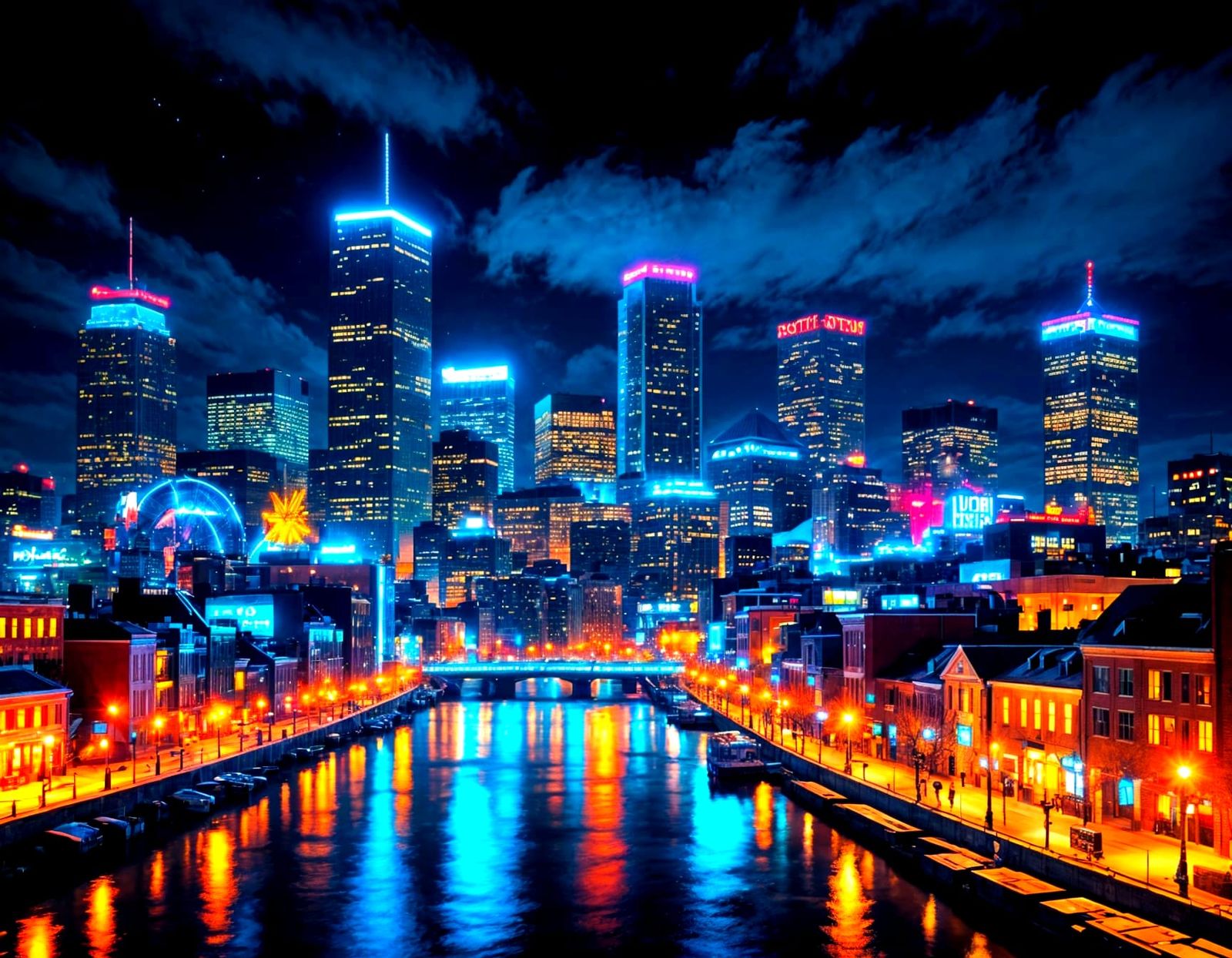 Cyberpunk Boston Skyline at Nightfall