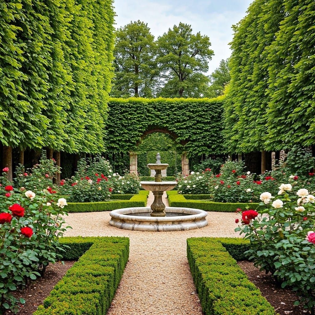 French Chateau Garden Scene in Impressionist Style