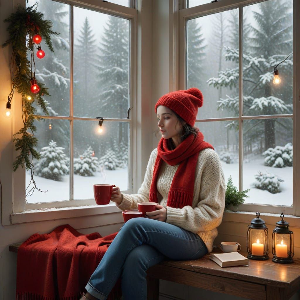 Cozy Winter Scene with Warm Drink and Snowy Landscape