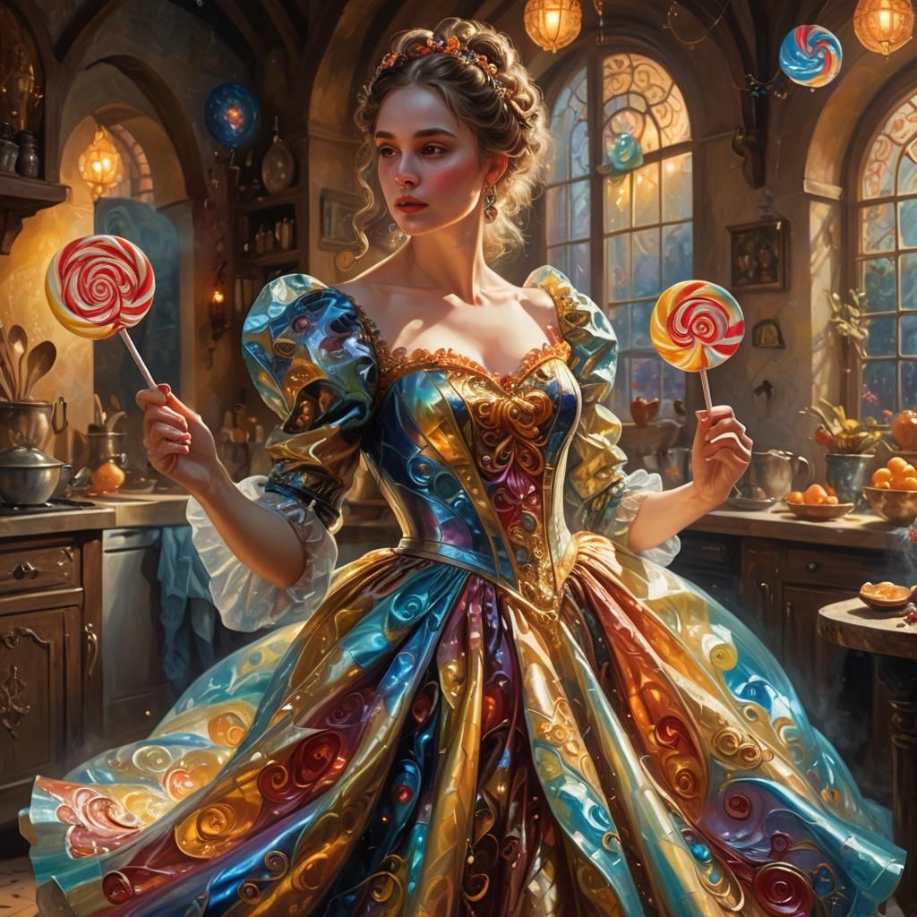 Mystical Kitchen: Woman with Lollipop, Oil Painting Fusion