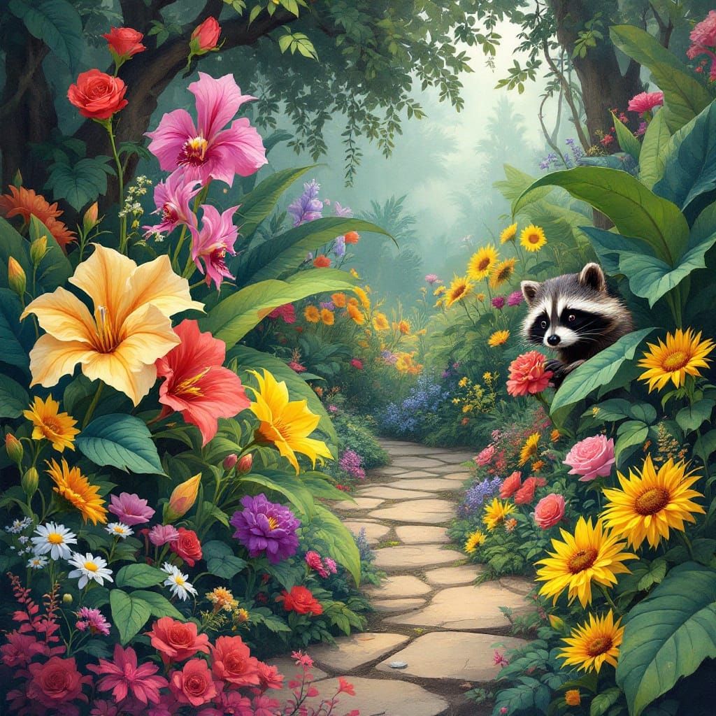 Whimsical Garden with Raccoon in Post-Impressionist Style
