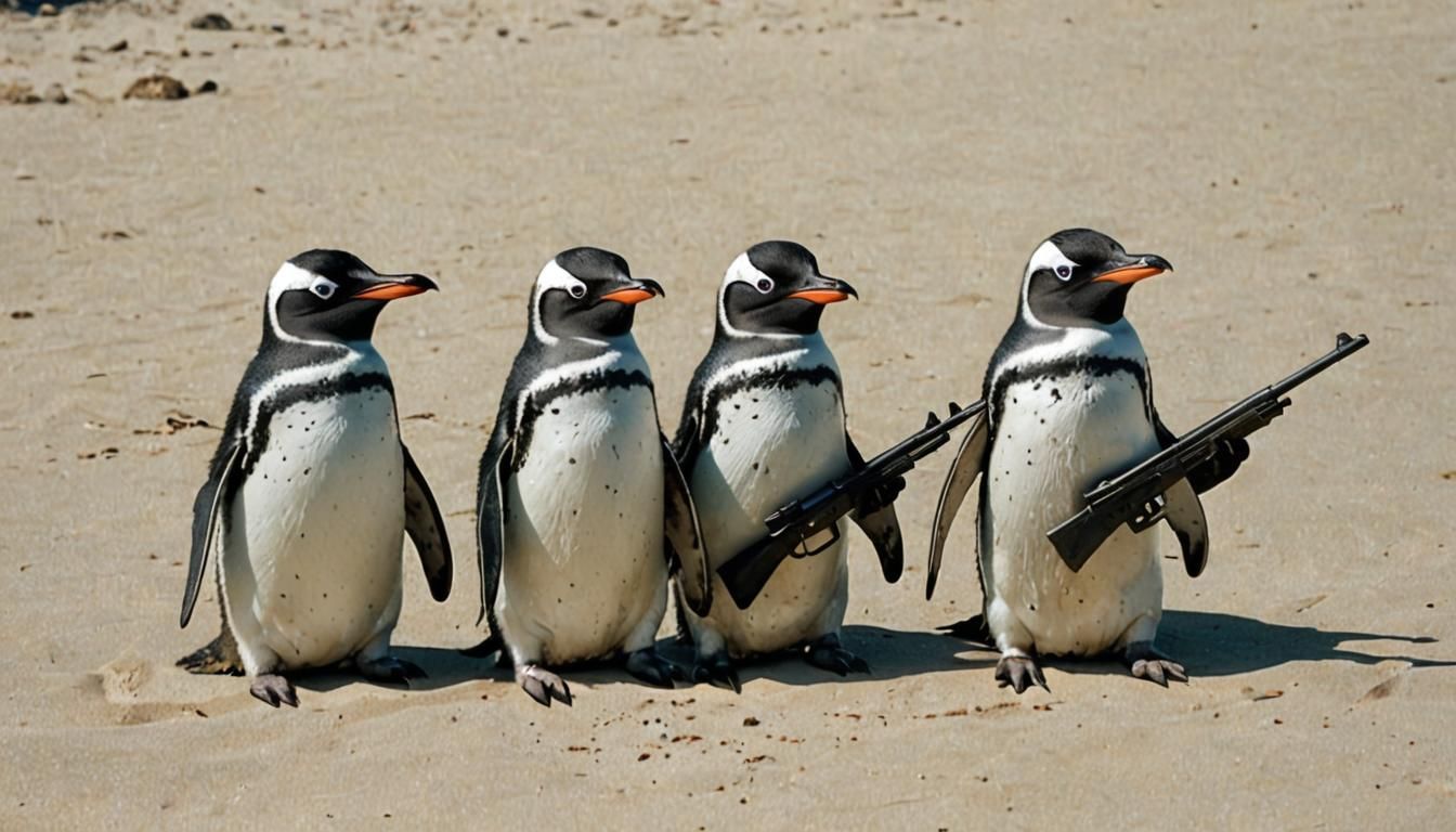 Penguins Sunbathing with Guns on Beach