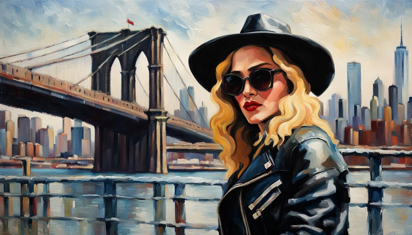 Madonna in NYC with Brooklyn Bridge, Oil Painting