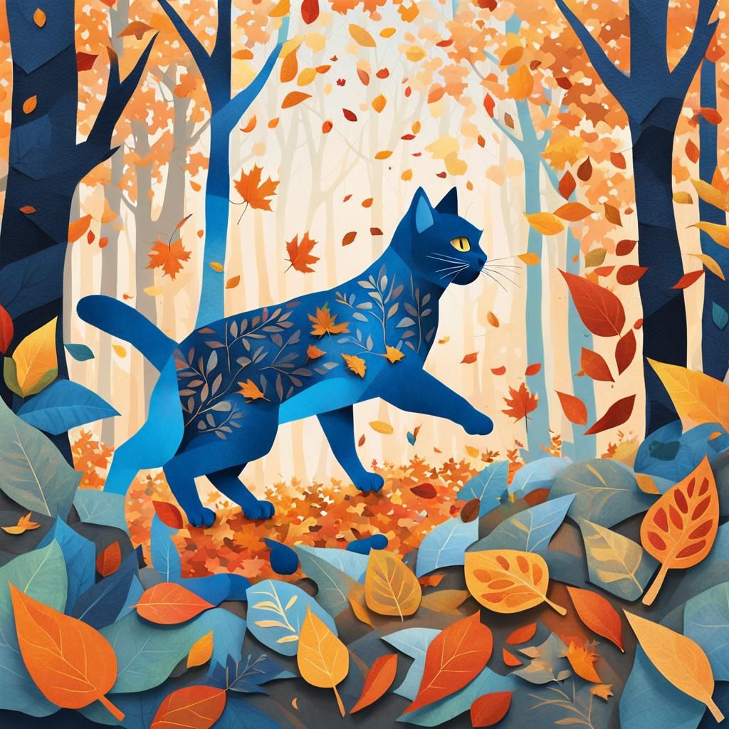 Cat Pouncing in Autumn Leaves, Paper Collage Art